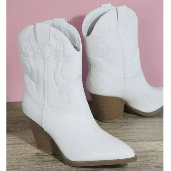 New Womens White Western Cowboy Ankle Boots Booties - Picture 3 of 4